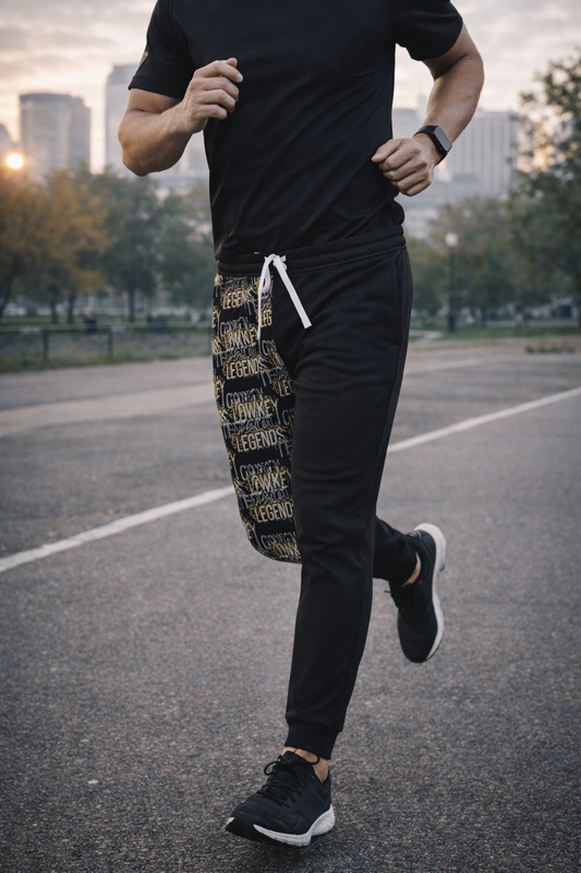 Legends Athletic Joggers — Black & Gold All-Over Print