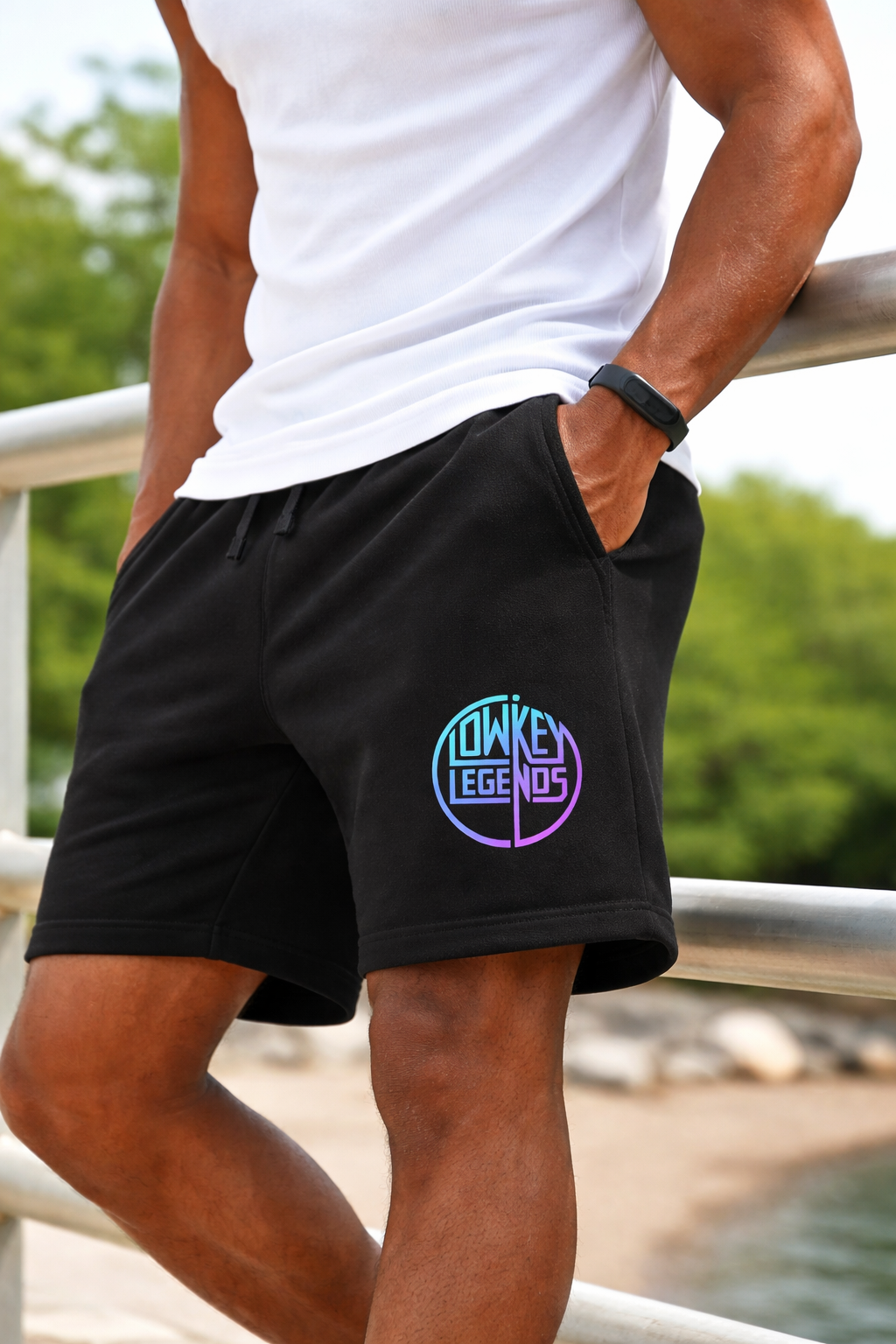Legends Logo Sweatshorts — Casual Black Lounge Shorts with Colorful 'Lounge Legends' Patch
