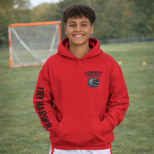 Lowkey Legends Basketball Hoodie — "Try Harder" Sleeve Motivational Pullover - Design By Ty