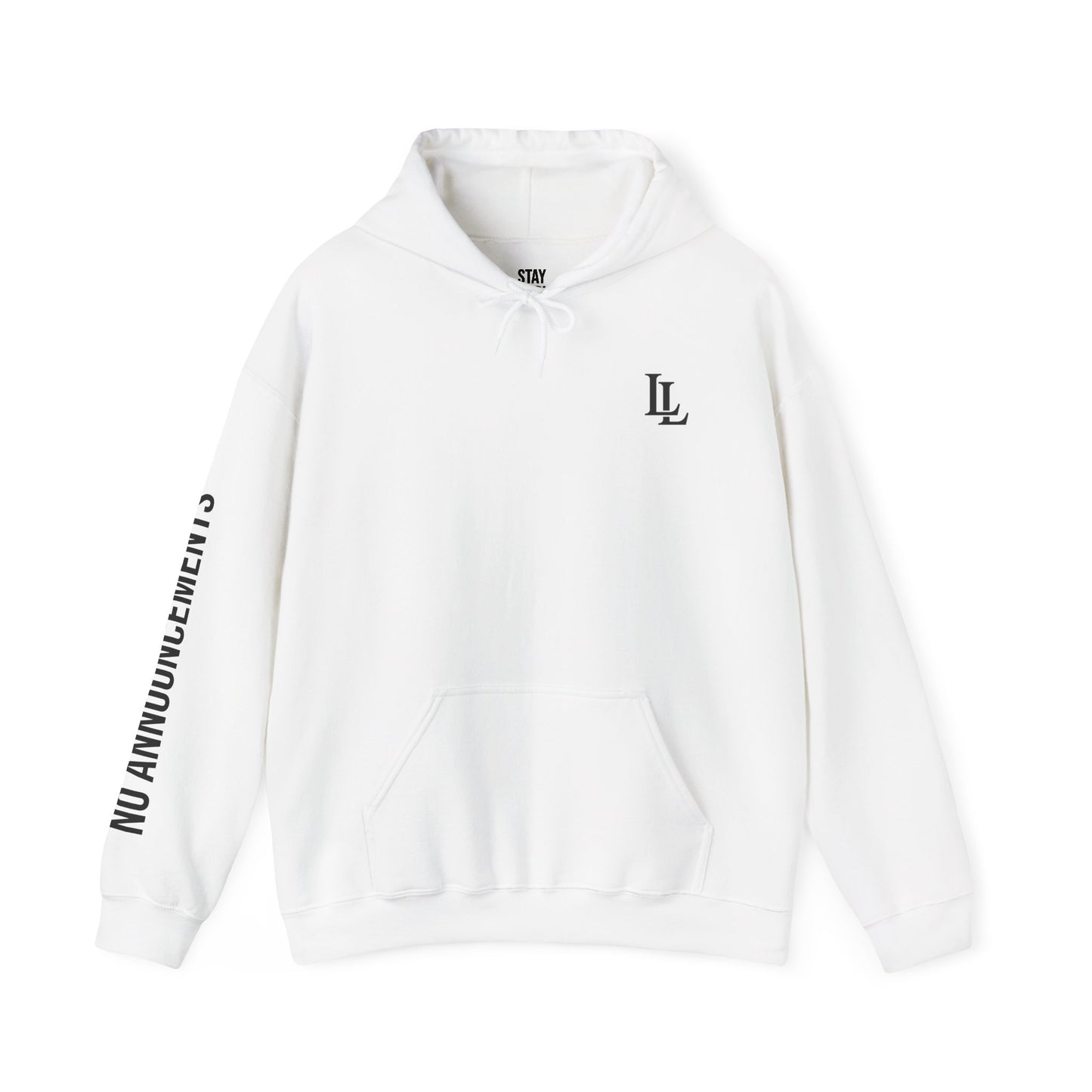 White hoodie with black text and logos on a white background