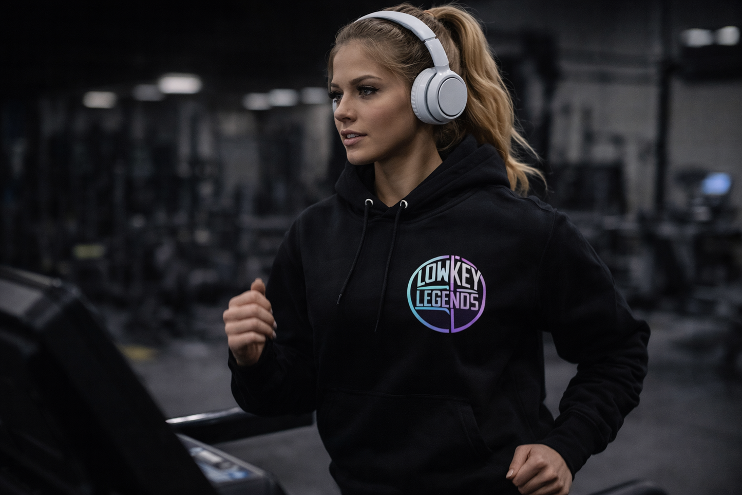 Person wearing a black hoodie with 'Lowkey Legends' logo in a gym setting